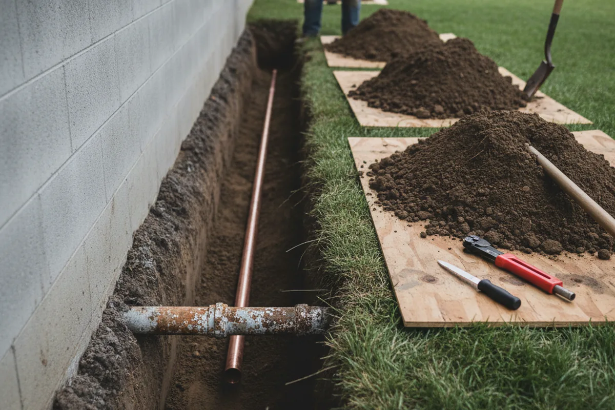 Excavated water line trench during Sewer Line Repair in Mountain City